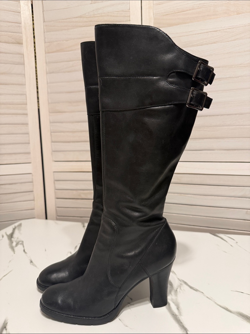 Kenneth Cole Reaction Too Mello Black Leather Knee-High Buckle Heel Boots 9-1/2